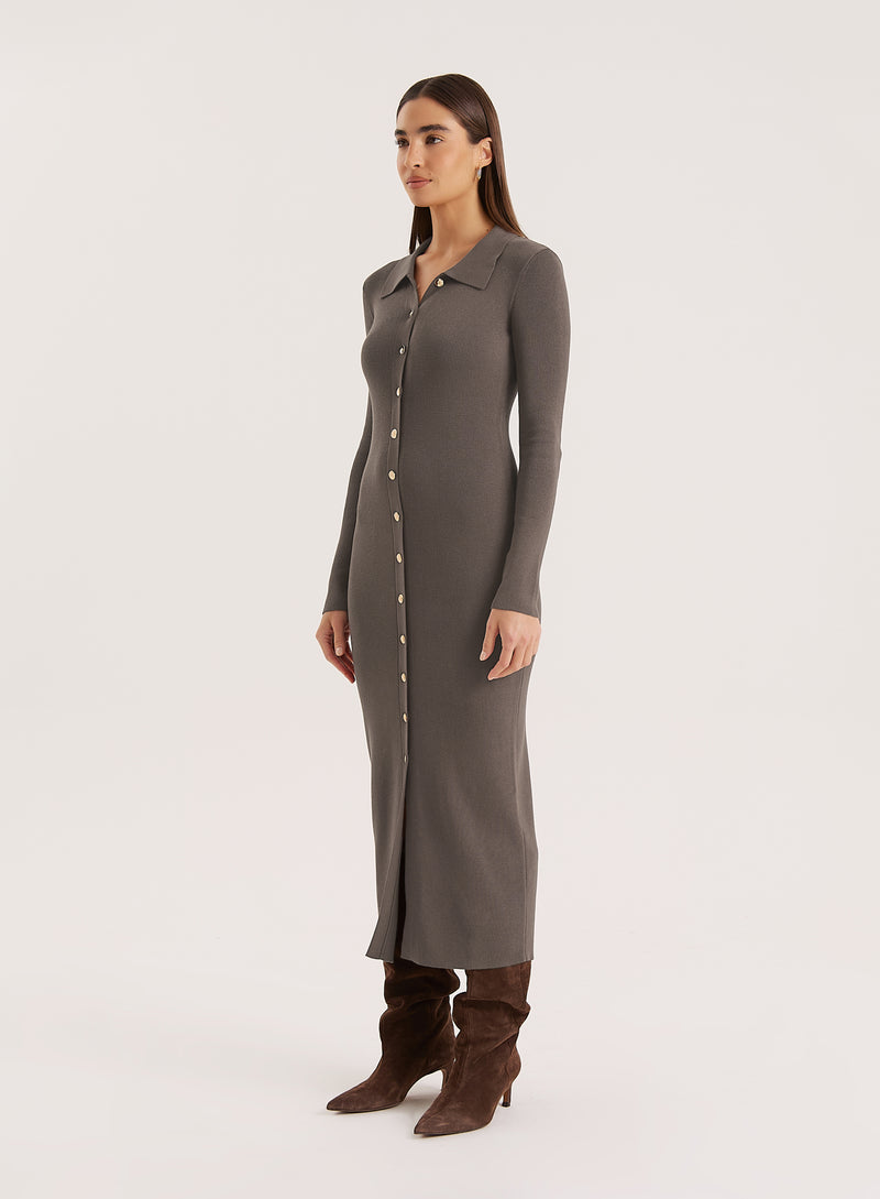 Charcoal Collared Button Down Knitted Dress- Taye