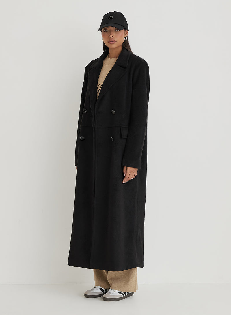 Black Tailored Maxi Coat With Scarf- Melia