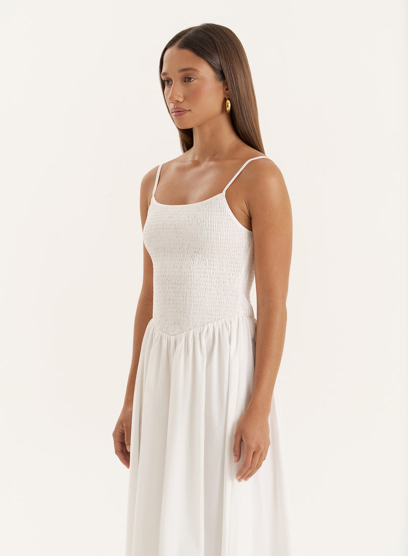 White Shirred Cotton Maxi Dress- Milano