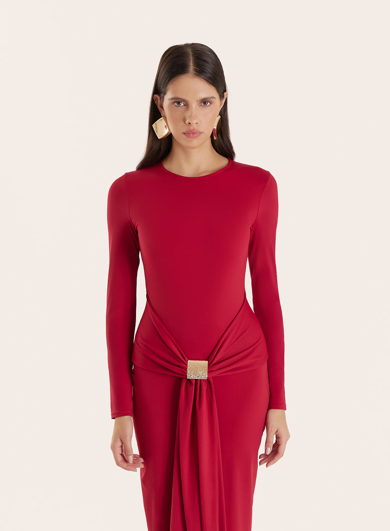 Red Jersey Hardware Waist Detail Maxi Dress- Mel