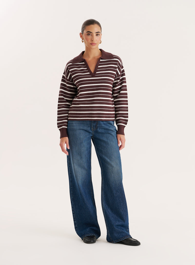Brown And White Stripe Knitted Rugby Top- Hayden