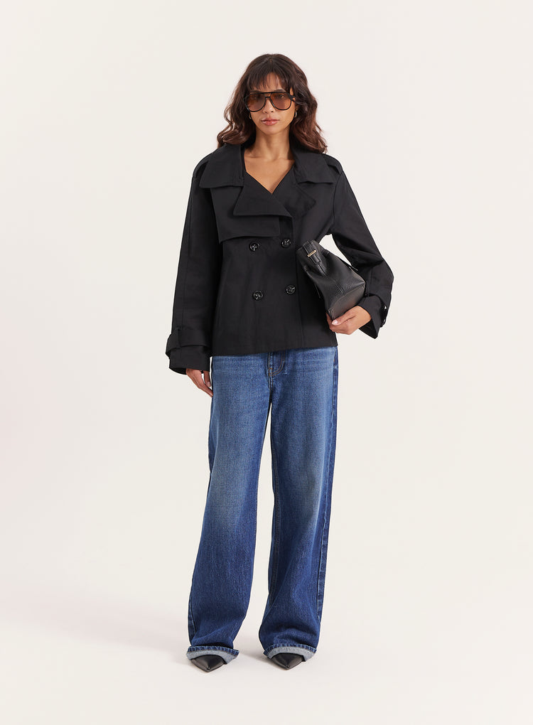 Black Cropped Oversized Trench Coat- Harlia