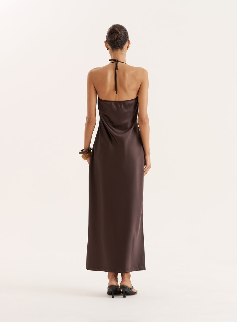 Chocolate Lace Trim Halterneck Satin Maxi Dress- Blair