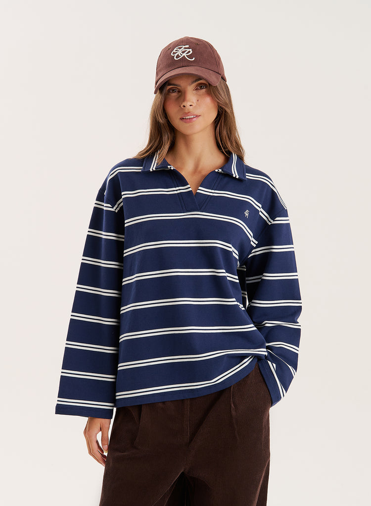 Navy And White Thin Striped Rugby Top- Hailey