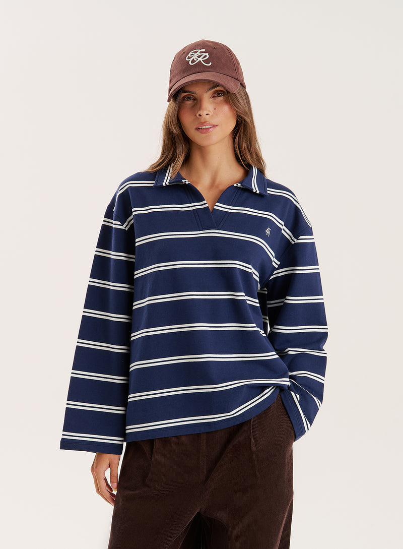 Navy And White Thin Striped Rugby Top- Hailey
