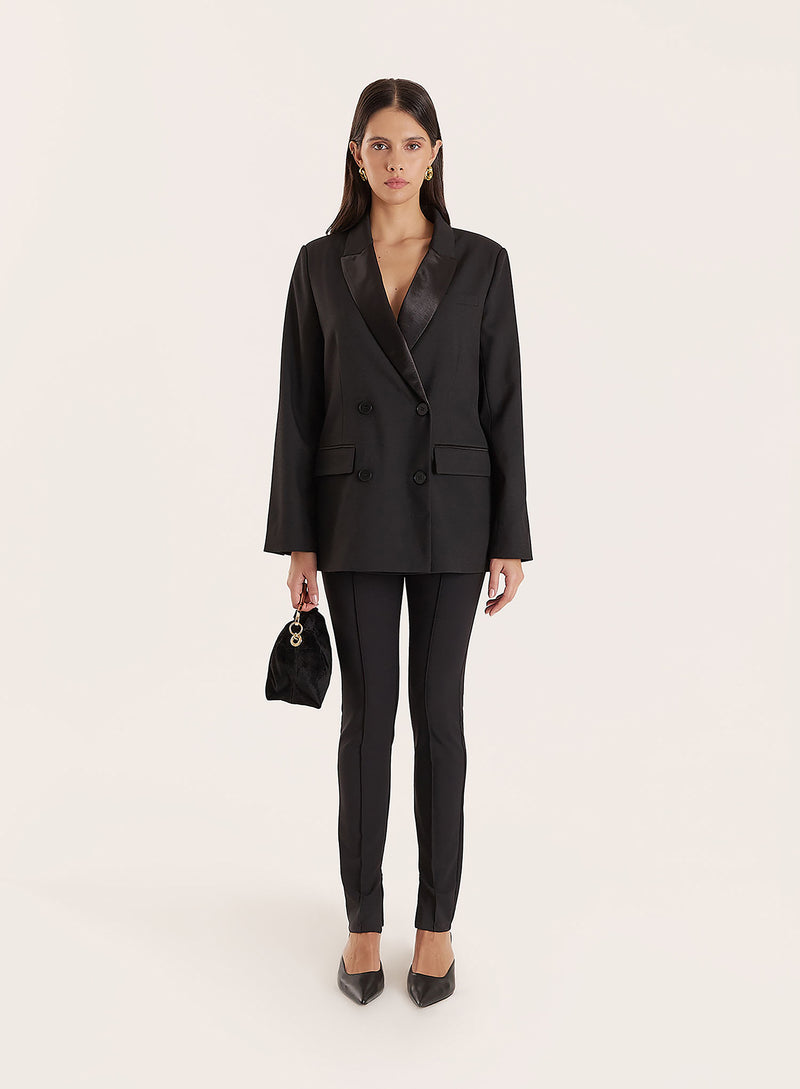 Black Satin Lapel Double Breasted Tuxedo Blazer- Delphine