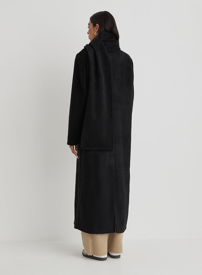 Black Tailored Maxi Coat With Scarf- Melia