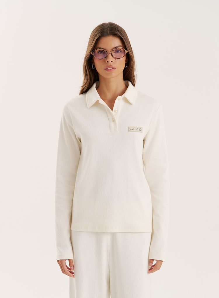 Ecru Fine Ribbed Jersey Longsleeve Top- Liliana