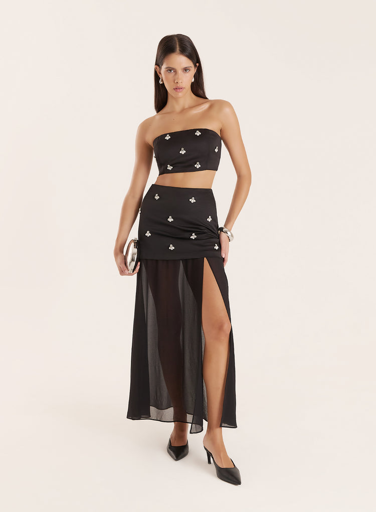 Black Embellished Mesh Hem Midi Skirt- Nobu