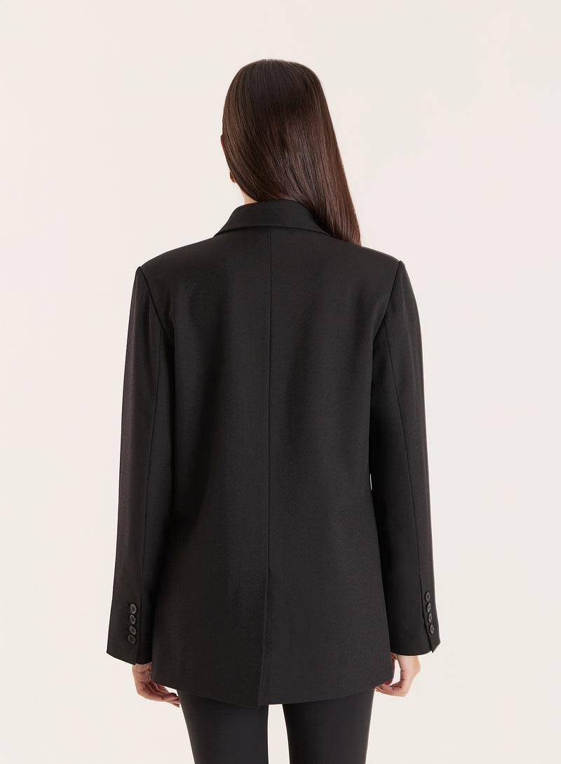 Black Satin Lapel Double Breasted Tuxedo Blazer- Delphine