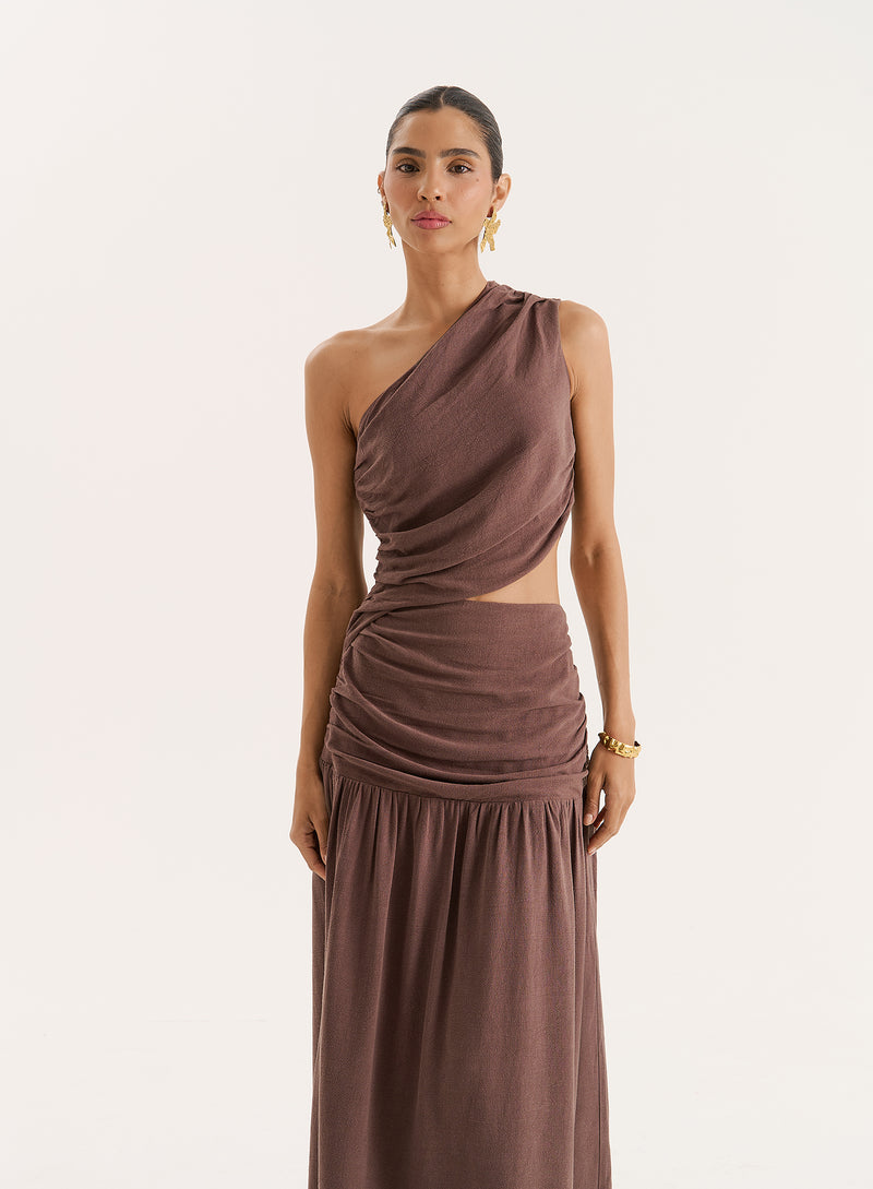 Brown Linen Blend One Shoulder Maxi Dress- Yara