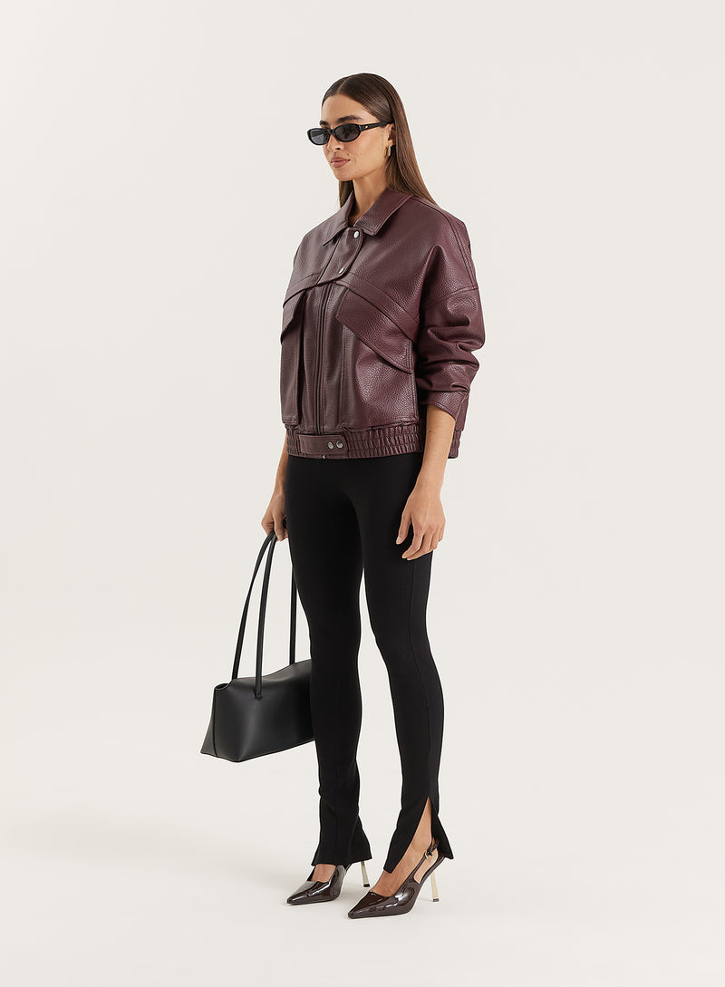 Burgundy Textured Faux Leather Cropped Jacket- Kerry