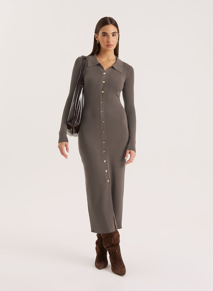 Charcoal Collared Button Down Knitted Dress- Taye