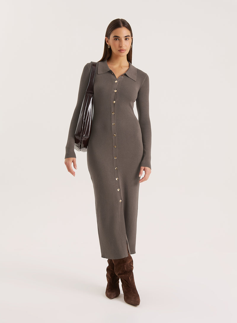 Charcoal Collared Button Down Knitted Dress- Taye