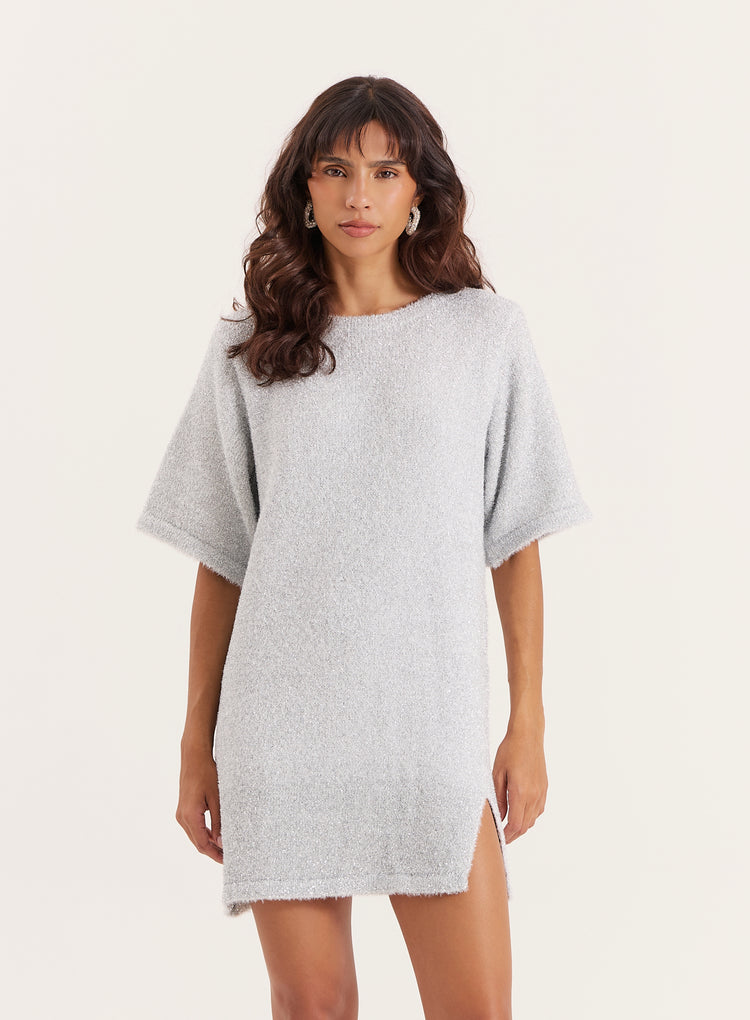Silver Tinsel Knit Mini Dress- Meggy