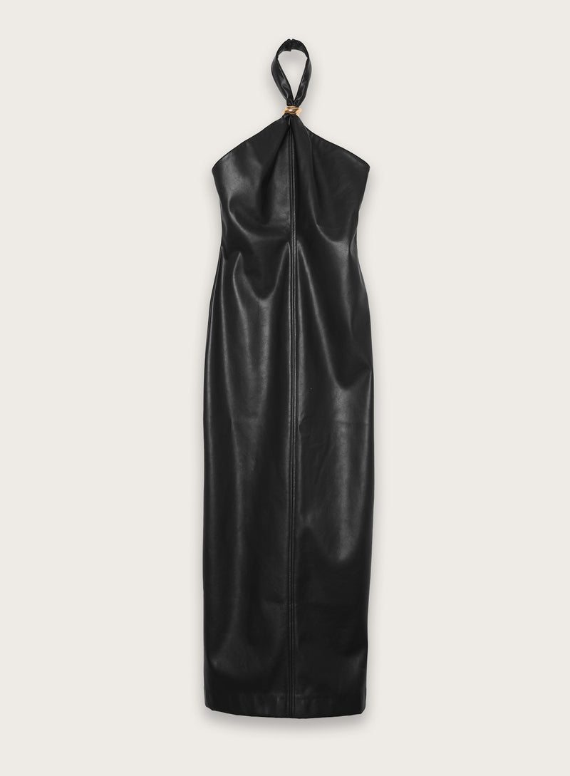 Black Faux Leather Halterneck Maxi Dress