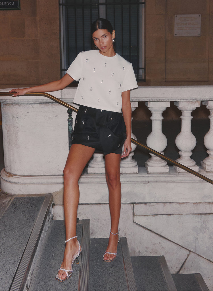 White Embellished Woven Crop T-Shirt- Annie