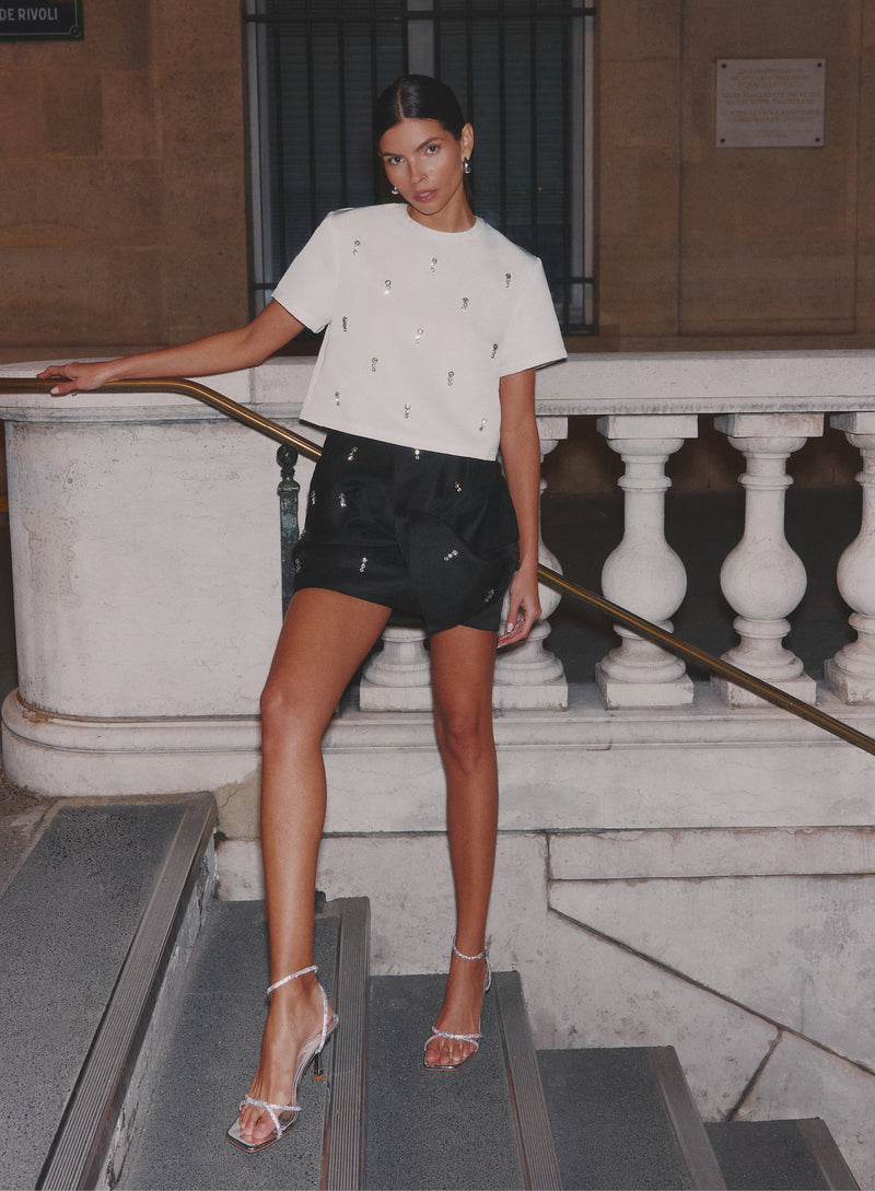 White Embellished Woven Crop T-Shirt- Annie