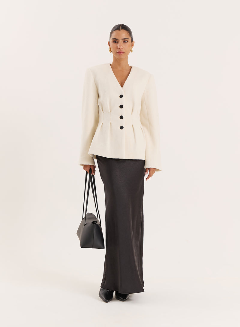 Cream Tailored Cinched Waist Wool Blend Blazer- Tilley