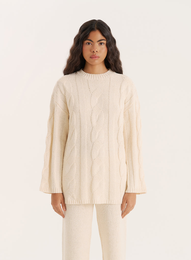 Ecru Fine Cable Knit Long Sleeve Top- Leonor