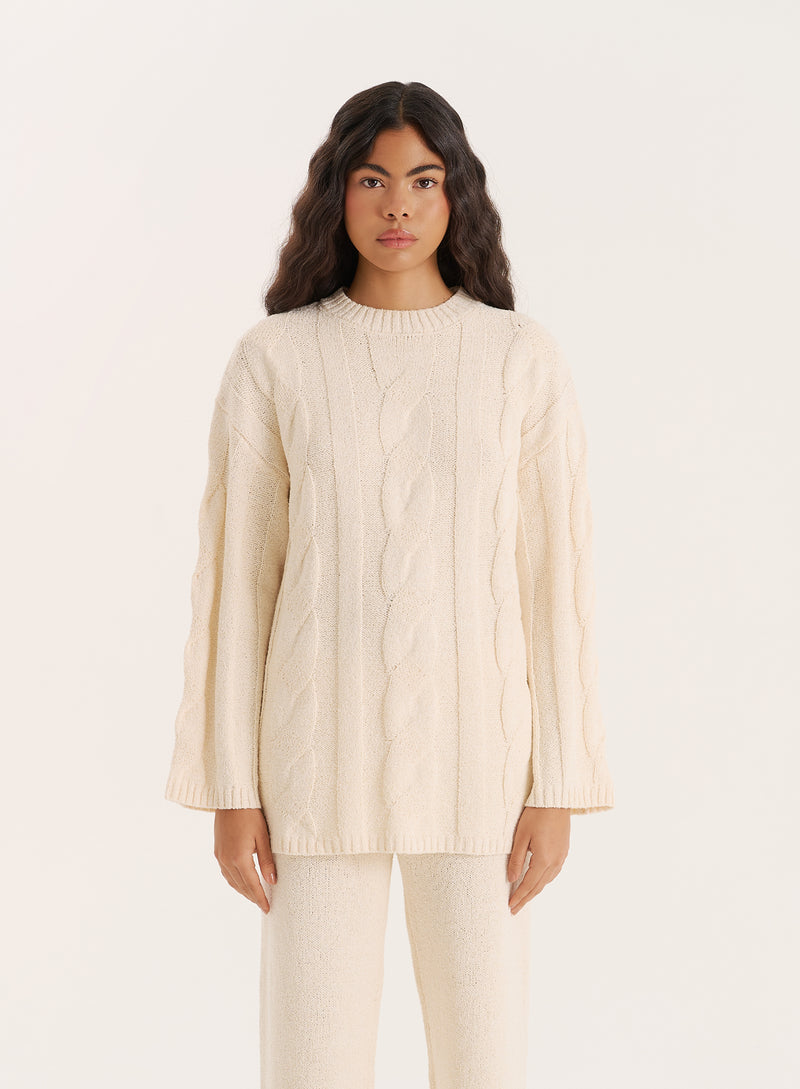 Ecru Fine Cable Knit Long Sleeve Top- Leonor