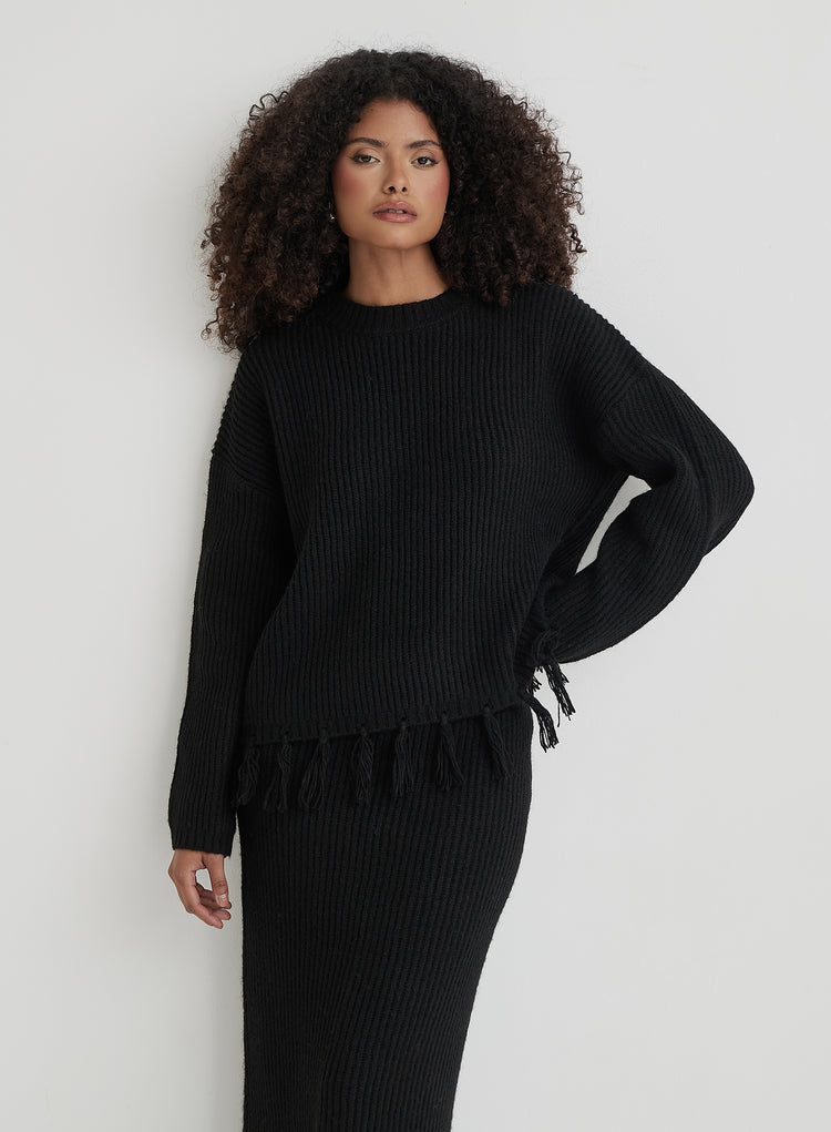 Black Oversized Tassle Trim Jumper- Fallon