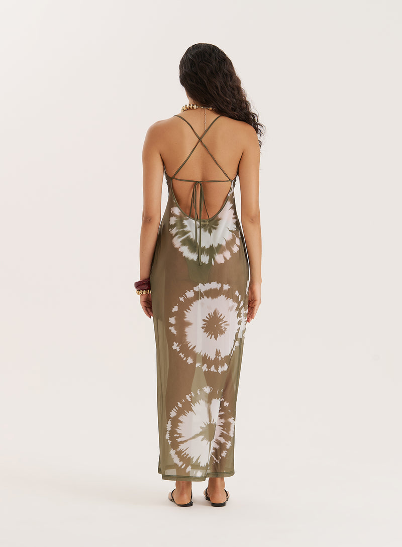 Green Tie Dye Mesh Maxi Dress- Solea