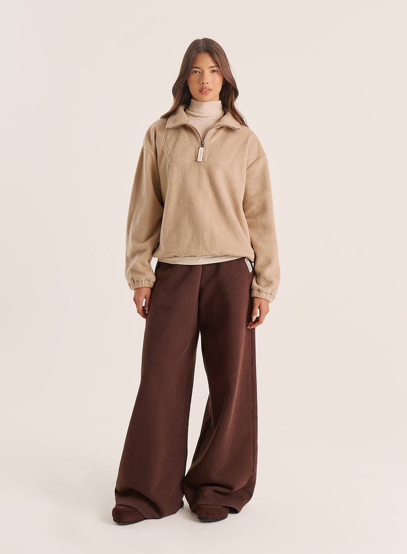 Beige Fleece Toggle Hem Collared Zip Sweatshirt