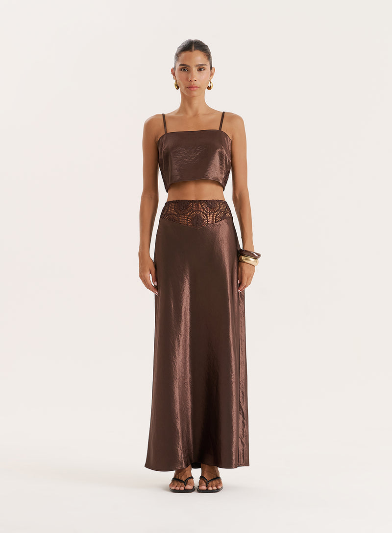 Chocolate Satin Crochet Panelled Maxi Skirt- Samira