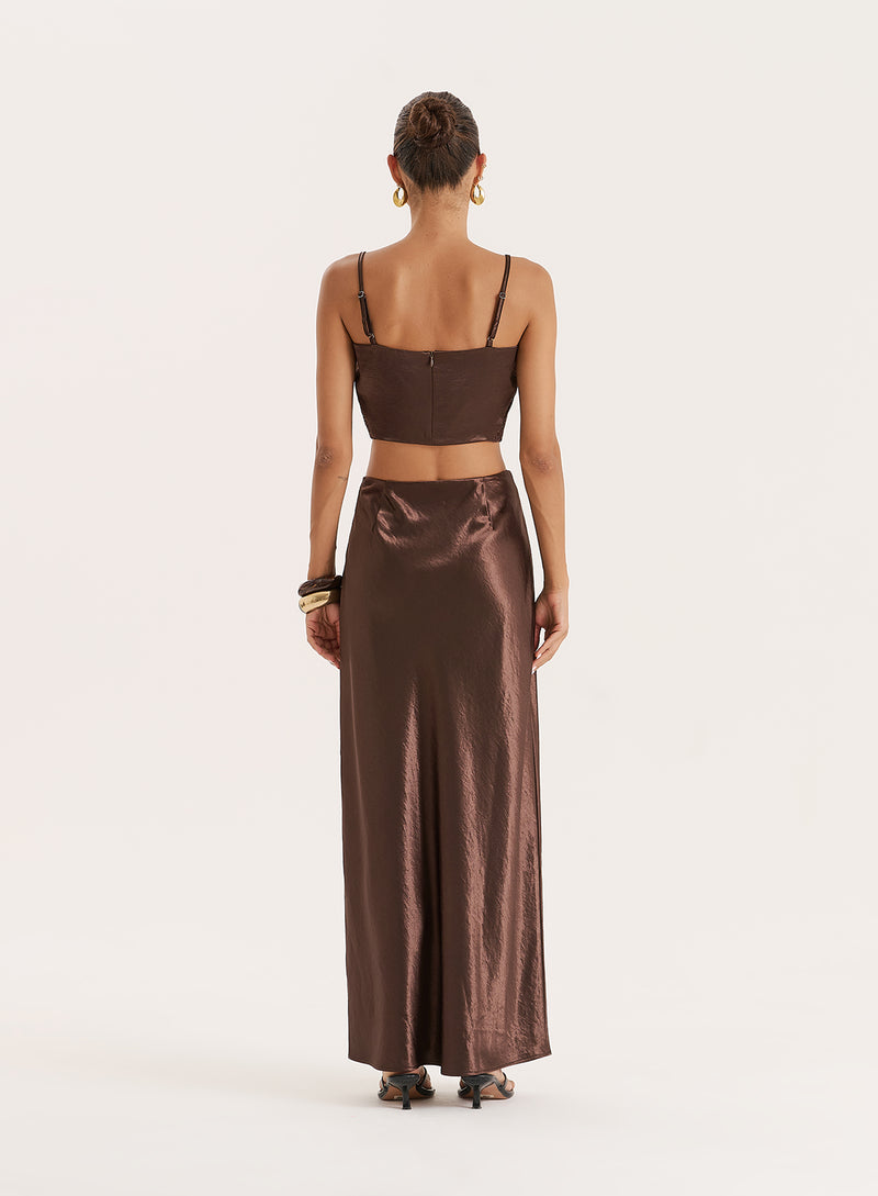 Chocolate Satin Crochet Panelled Maxi Skirt- Samira