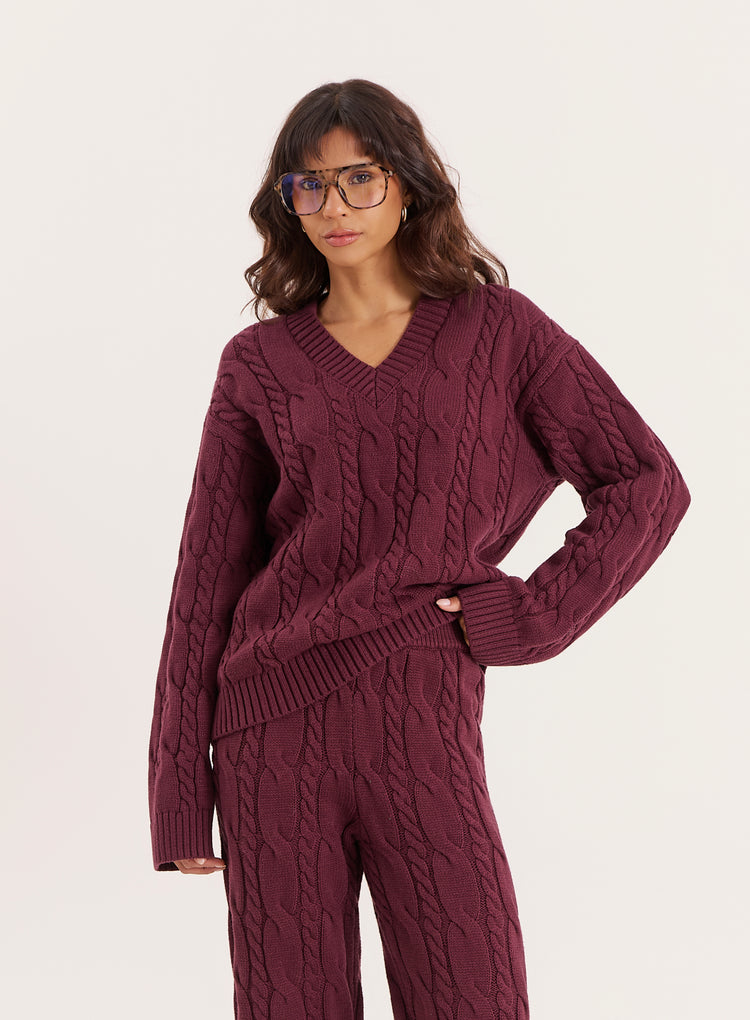 Burgundy Cable Knit V Neck Jumper- Jordan