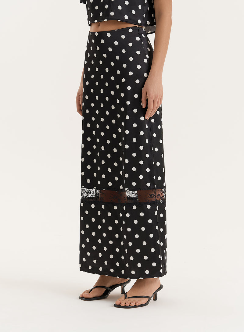 Polka Dot Satin Lace Detail Maxi Skirt- Jayda