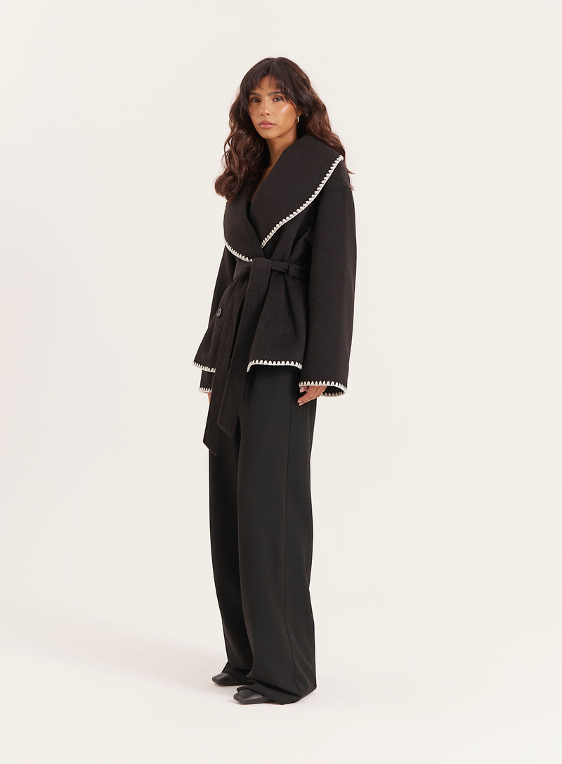 Black Contrast Stitch Belted Jacket- Parsons