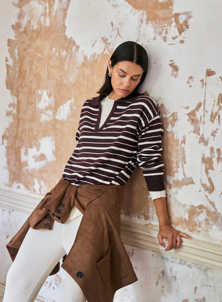 Brown And White Stripe Knitted Rugby Top- Hayden
