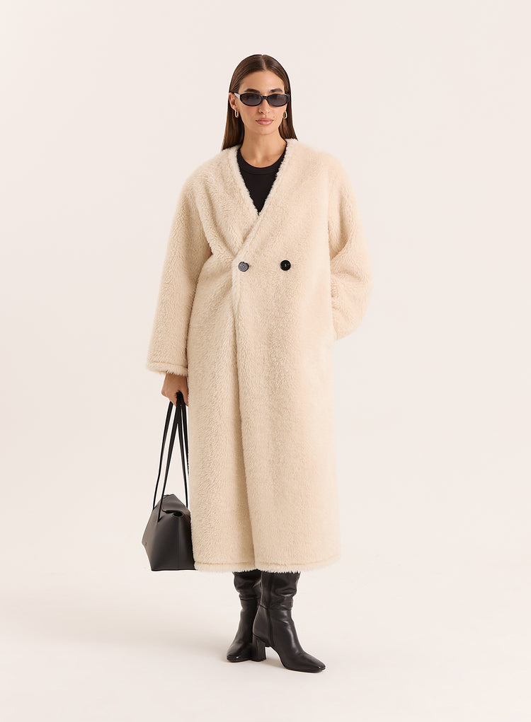 Cream Shearling Longline Buttoned Coat- Bobby