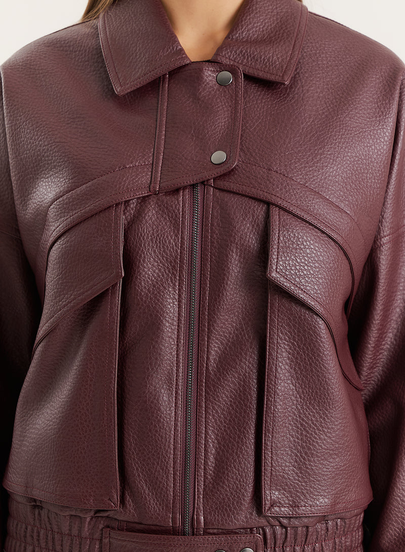 Burgundy Textured Faux Leather Cropped Jacket- Kerry