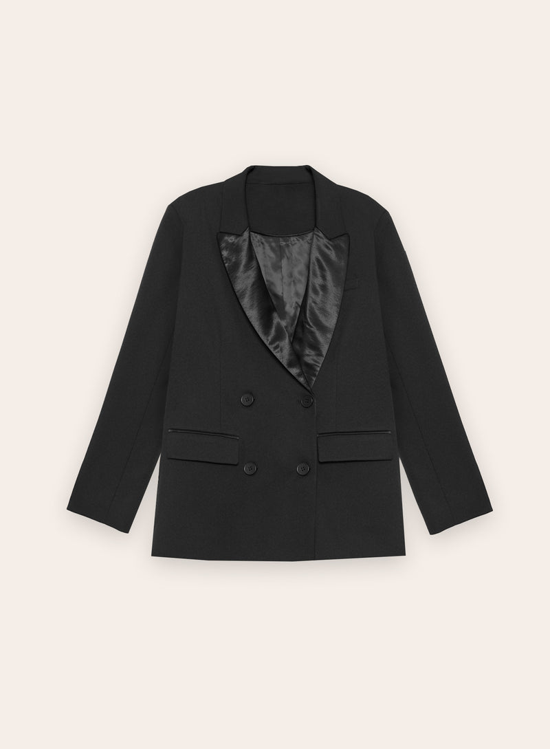Black Satin Lapel Double Breasted Tuxedo Blazer