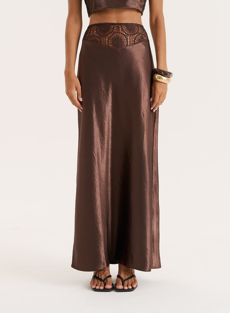 Chocolate Satin Crochet Panelled Maxi Skirt- Samira