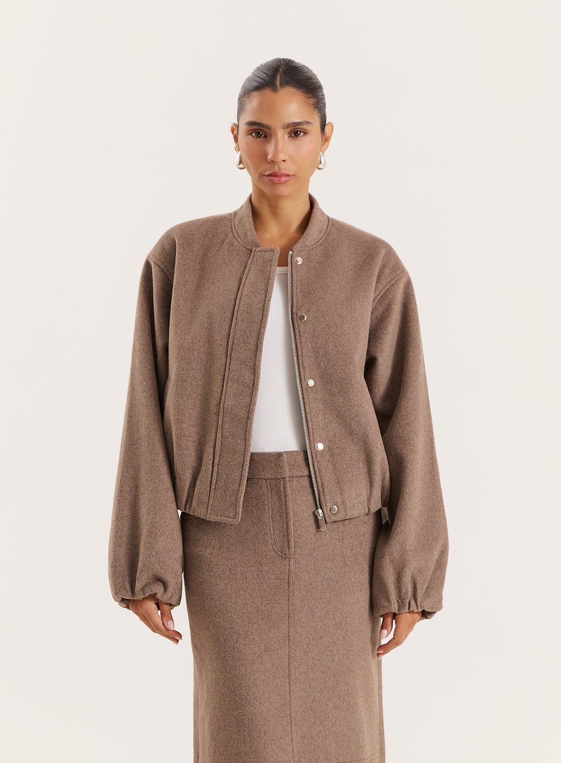 Brown Cropped Wool Effect Bomber