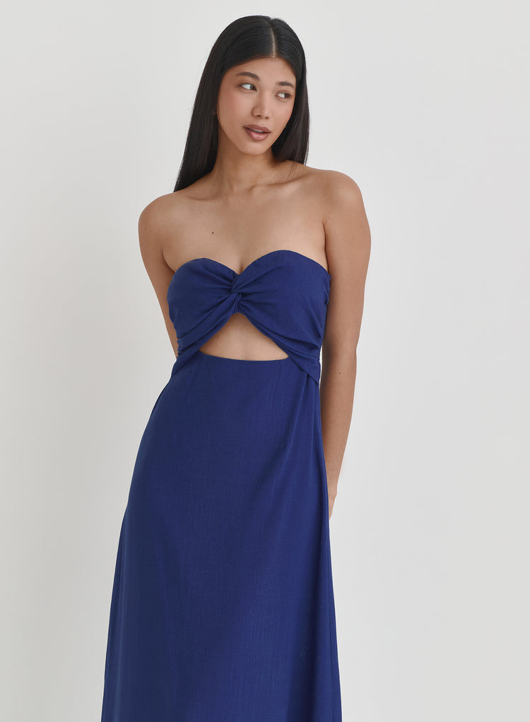 Blue Linen Maxi Cut Out Bandeau Dress- Lainey