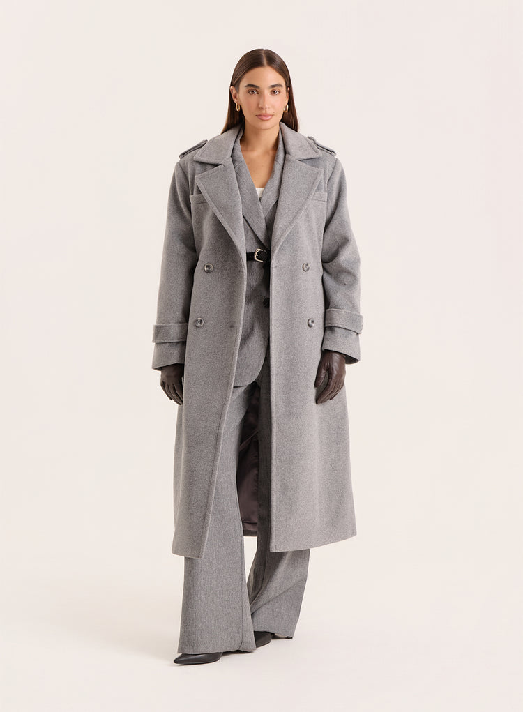 Grey Tailored Belted Longline Coat- Anderson