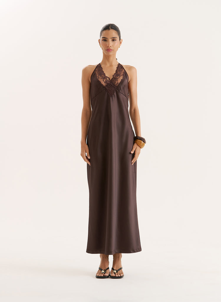 Chocolate Lace Trim Halterneck Satin Maxi Dress- Blair