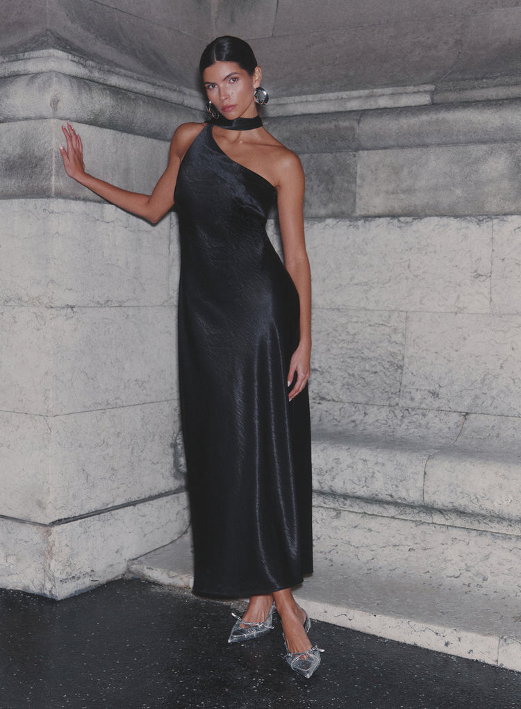 Black Satin One Shoulder Scarf Neck Maxi Dress- Ellen