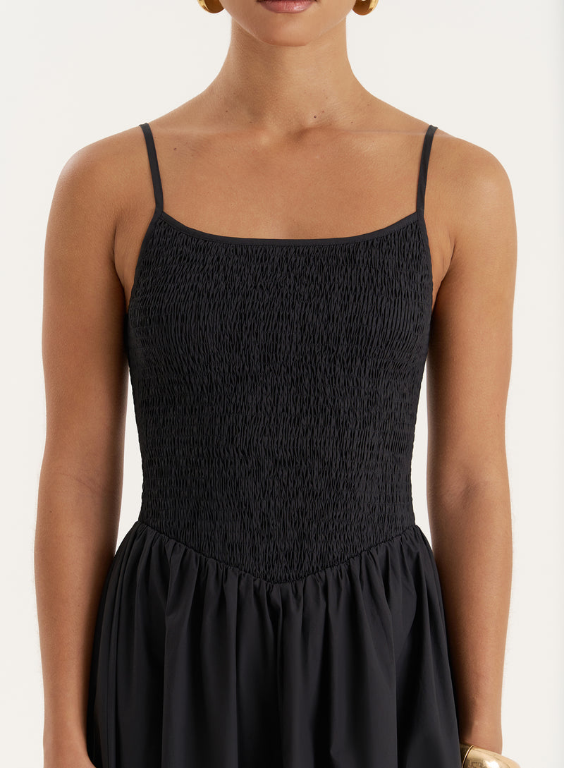 Black Shirred Cotton Maxi Dress- Milano