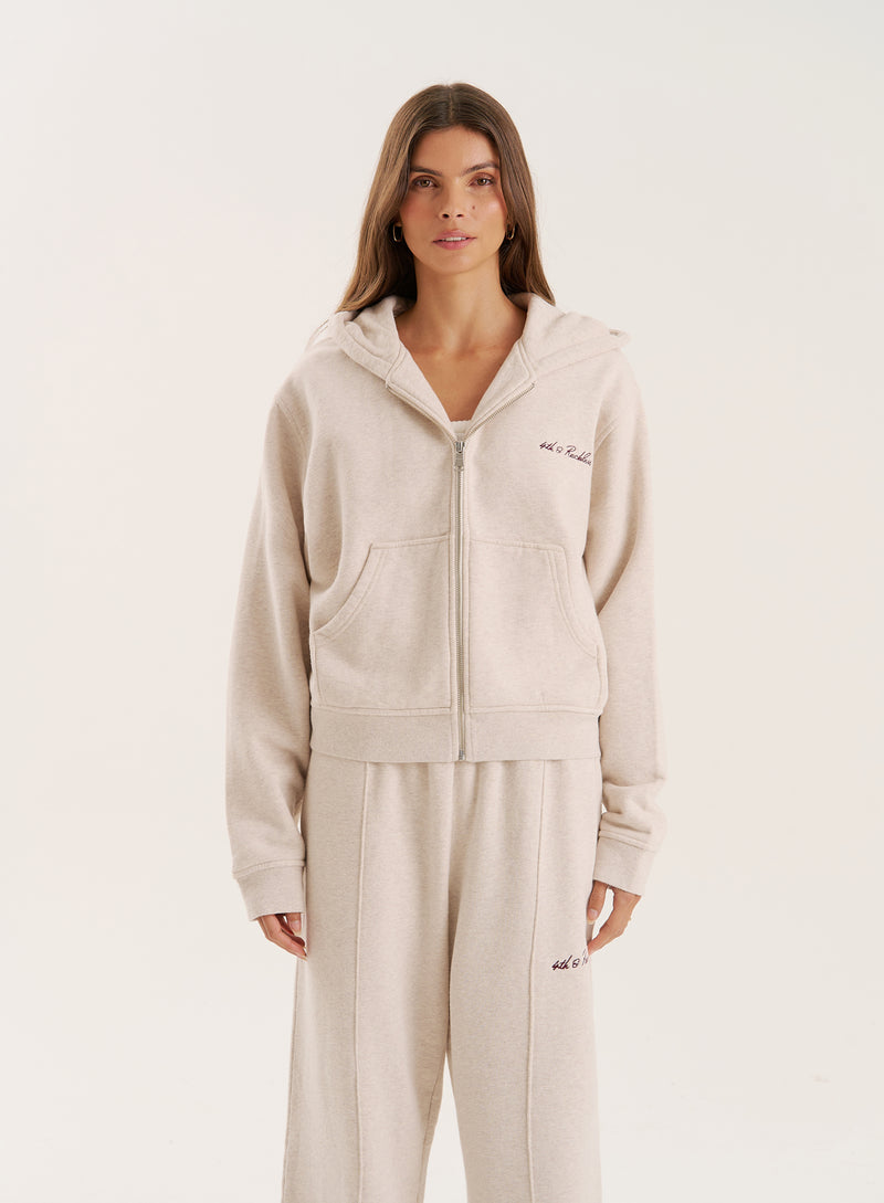 Oatmeal Script Logo Detail Zip Hoodie-Collena