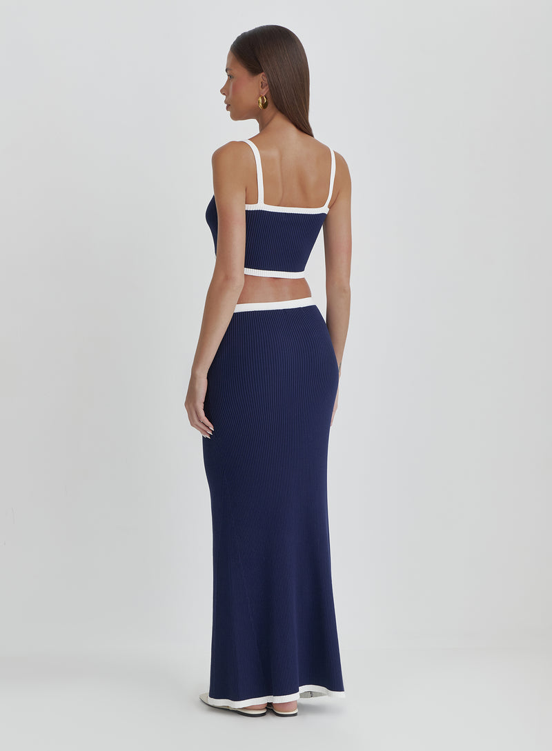 Navy Contrast Waistband Knitted Maxi Skirt- Colette