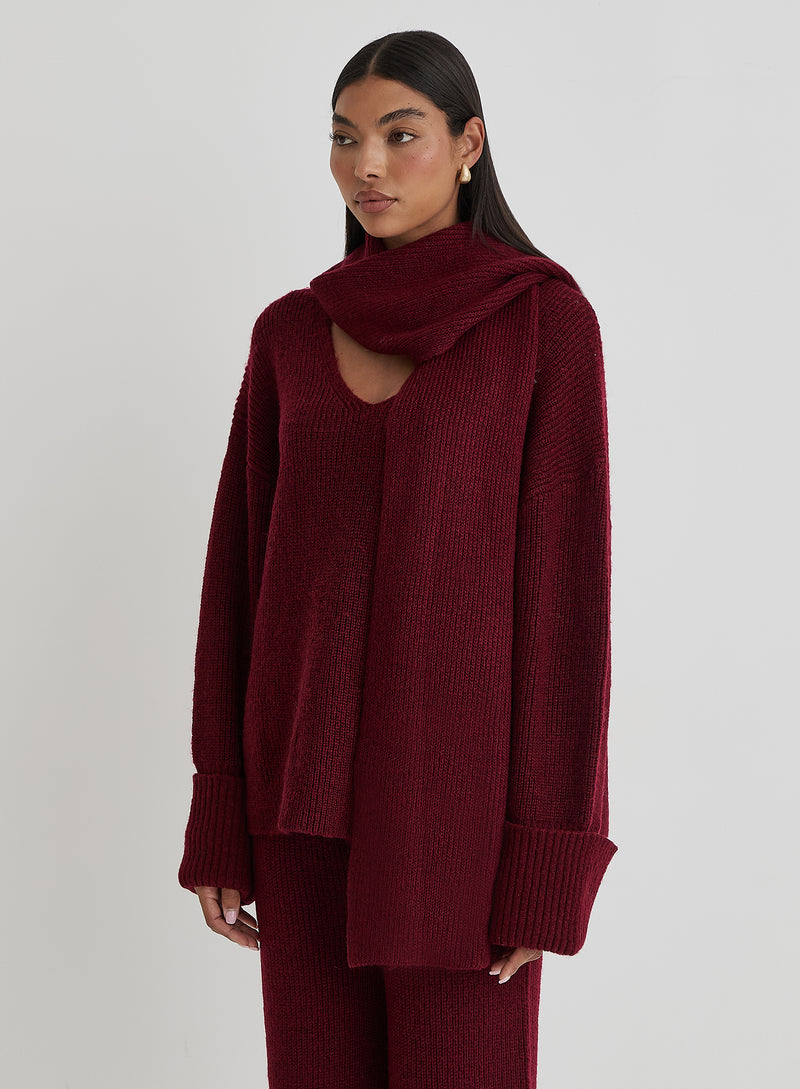 Burgundy Slouchy Knitted Jumper With Scarf - Remy