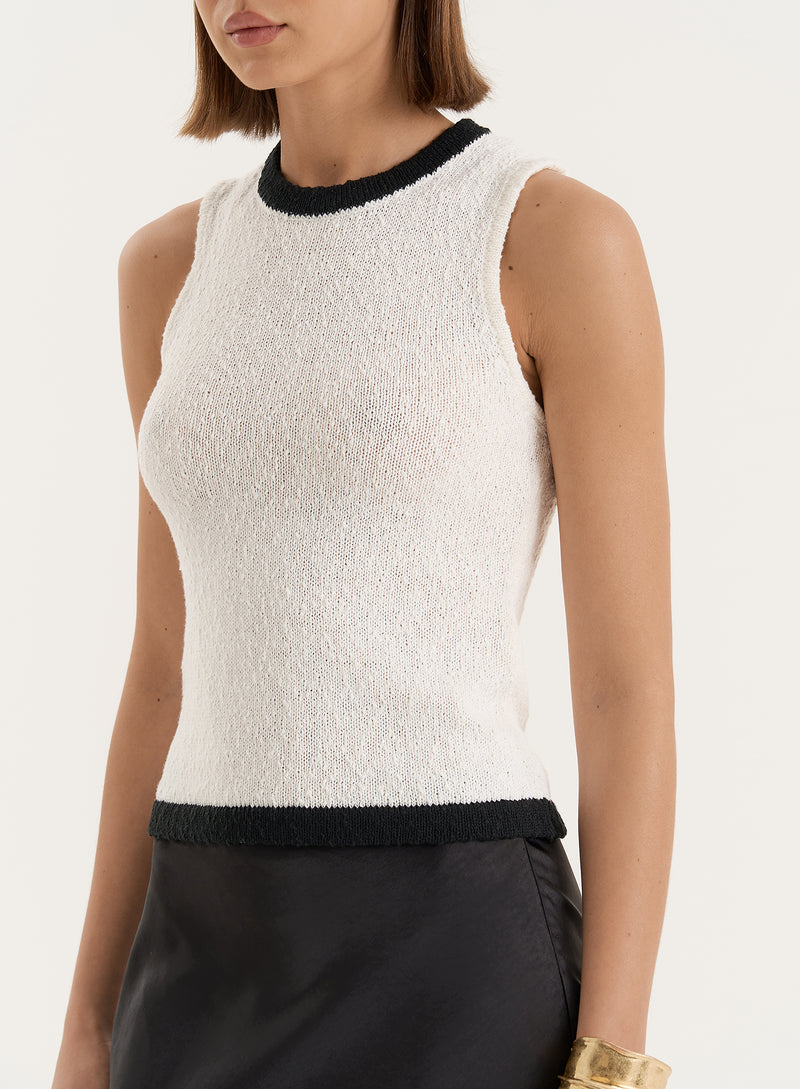 White Knitted Sleeveless Contrast Trim Top- Josie