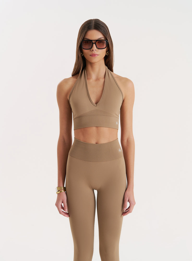 Mocha Halter Neck Seamless Sports Bra- Sammie
