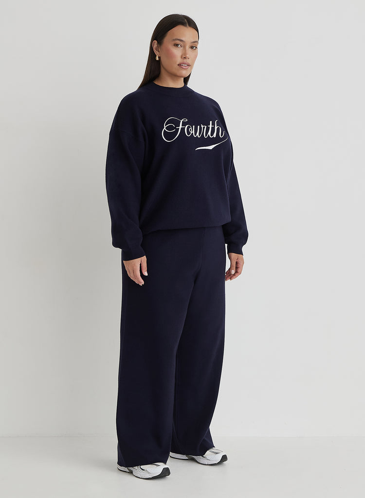 Navy Curve Knitted Wide Leg Trouser- Cameron